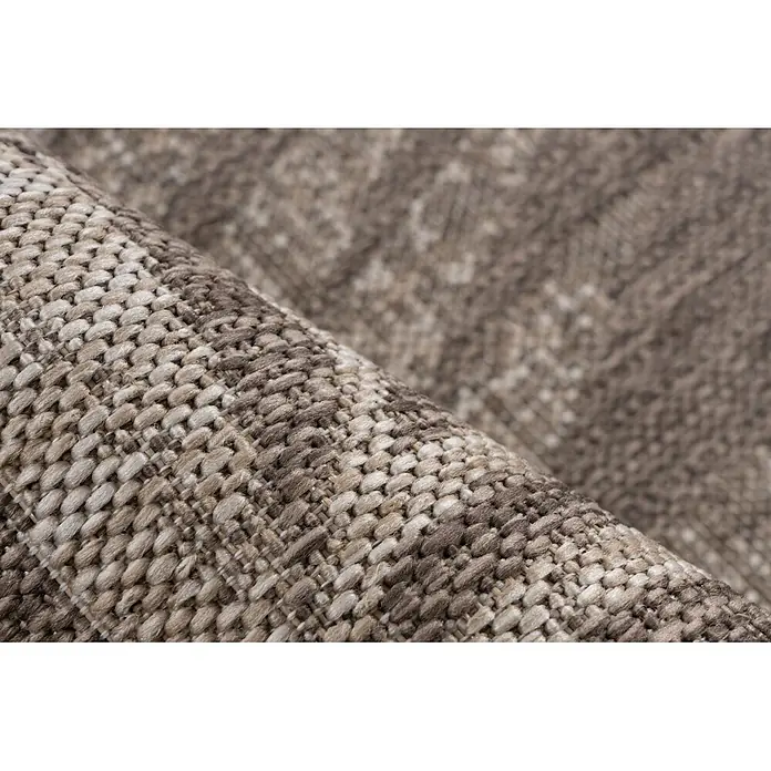 Kayoom Outdoor-Teppich Nibru 725 - Taupe, 290 x 200 cm, 100 % Polypropylen - Nahaufnahme eines gewebten Teppichs mit strukturierter, melierter Musterung in Beige- und Brauntönen.
