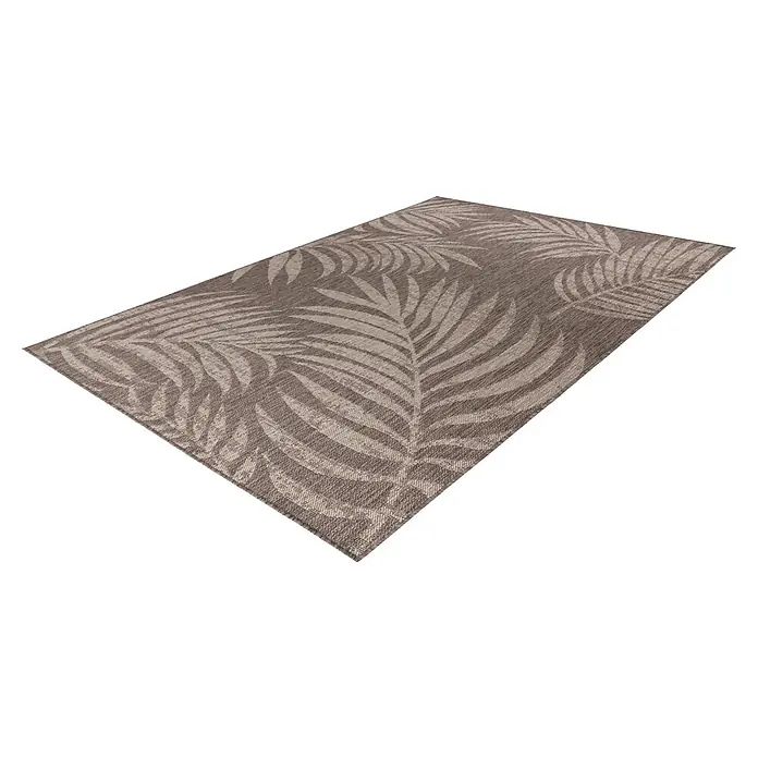 Kayoom Outdoor-Teppich Nibru 725 - Taupe, 290 x 200 cm, 100 % Polypropylen - Rechteckiger Teppich mit beigem und grauem Tropenblattmuster und texturierter Oberfläche.