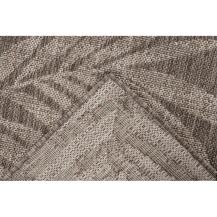 Kayoom Outdoor-Teppich Nibru 725 - Taupe, 290 x 200 cm, 100 % Polypropylen - Brauner und beiger strukturierter Teppich mit abstraktem Muster, der seine Rückseite zeigt.
