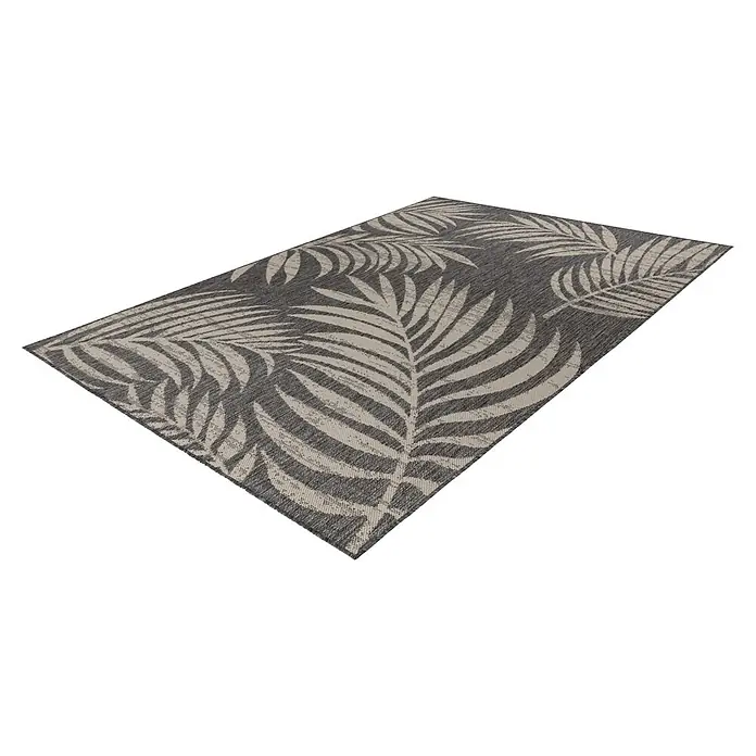 Kayoom Outdoor-Teppich Nibru 725 - Silber, 230 x 160 cm, 100 % Polypropylen - Dunkelgrauer Teppich mit hellbeigem tropischem Blattmuster.