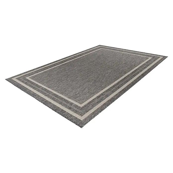 Kayoom Outdoor-Teppich Nibru 325 - Silber, 110 x 60 cm, 100 % Polypropylen - Grauer Webteppich mit hellen Randstreifen. Strapazierfähiger In-/Outdoor-Teppich.