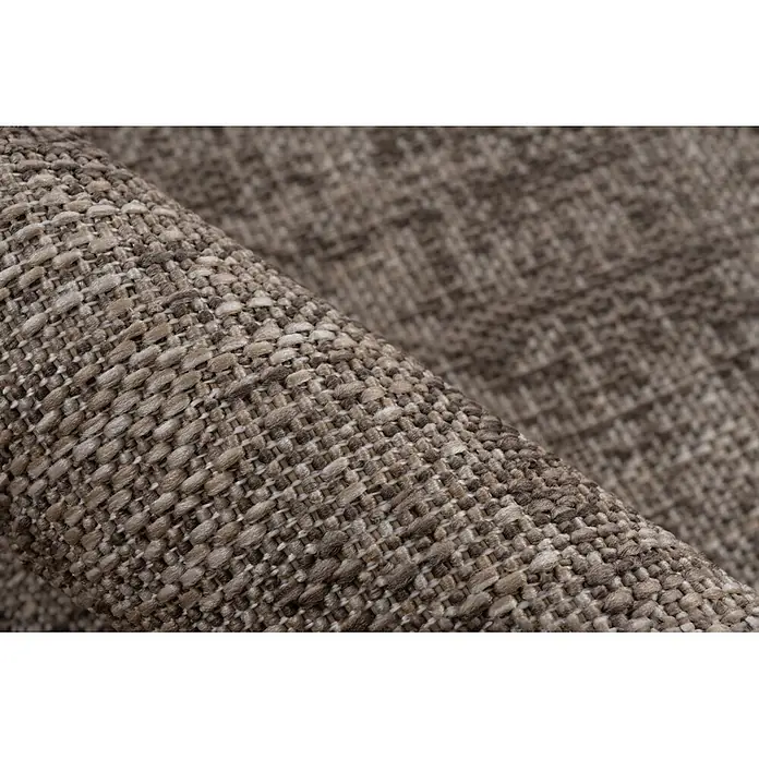 Kayoom Outdoor-Teppich Nibru 625 - Taupe, 290 x 200 cm, 100 % Polypropylen - Nahaufnahme von strukturiertem braun-beigem Webstoff mit detailreicher, dichter Webart und verschiedenen Farbtönen.