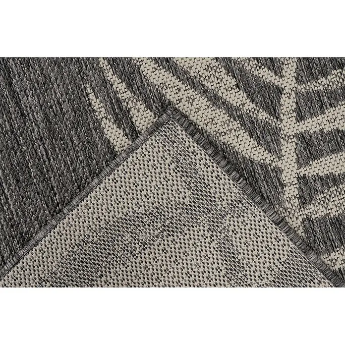 Kayoom Outdoor-Teppich Nibru 725 - Silber, 230 x 160 cm, 100 % Polypropylen - Strukturierter Webteppich in Grau und Creme mit abstraktem Muster, zeigt Ober- und Unterseite.