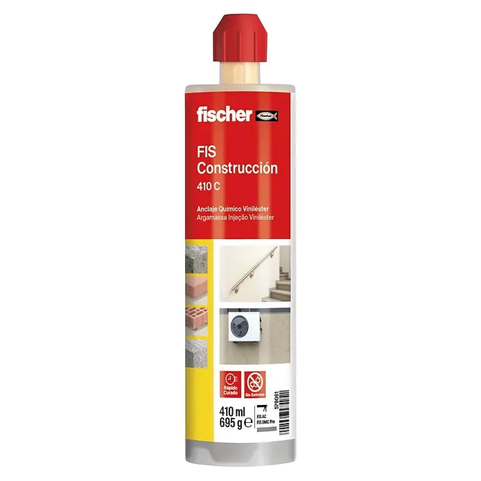 Fischer Anclaje químico FIS Construcción 410 C - 410 ml - Un cartucho de anclaje químico fischer FIS 410 C rojo y amarillo, 410 ml, para construcción.