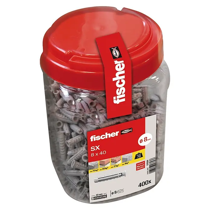 Fischer Set de tacos SX - Ø x L: 8 x 40 mm, Nylon, 400 ud. - Bote transparente con tacos de nylon grises fischer SX 8x40, 400 unidades, con tapa roja.
