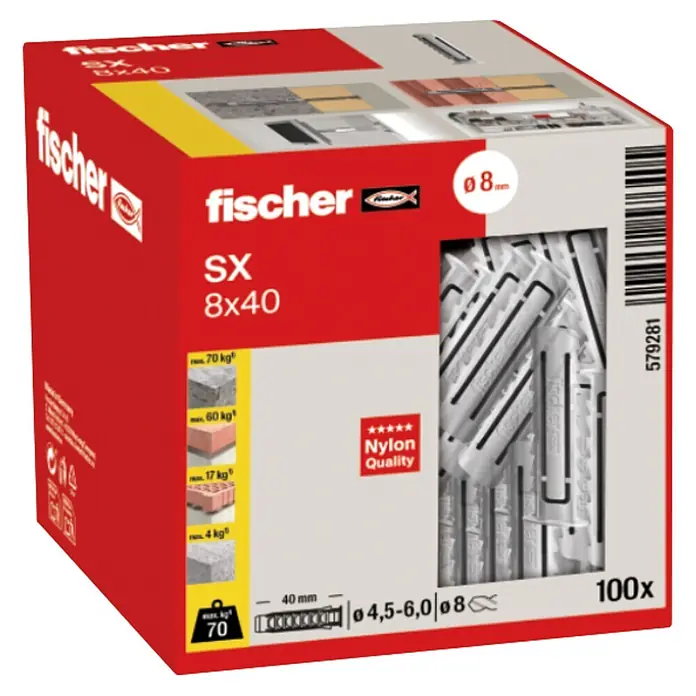 Fischer Taco universal SX - Ø x L: 8 x 40 mm, 100 ud. - Caja de 100 tacos de pared de nailon blancos Fischer SX 8x40, aptos para diversos materiales de construcción.