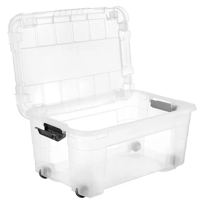 Aufbewahrungsbox 4UP - L x B x H: 59 x 39 x 27,4 cm, Transparent, Kunststoff - Transparente Kunststoff-Aufbewahrungsbox mit offenem Klappdeckel, schwarzen Verschlüssen und Rollen.