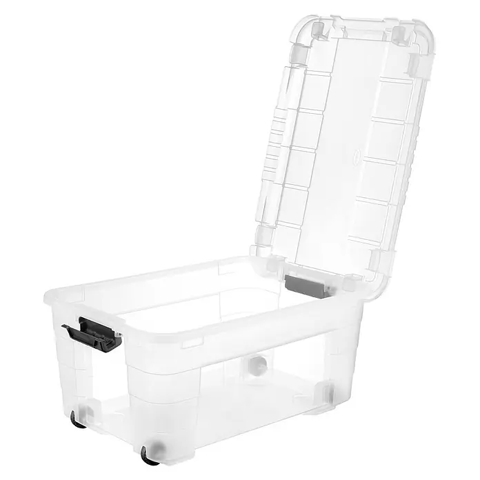 Aufbewahrungsbox 4UP - L x B x H: 59 x 39 x 27,4 cm, Transparent, Kunststoff - Transparente Plastik-Aufbewahrungsbox mit offenem Deckel, schwarzen Verschlüssen und Rollen.
