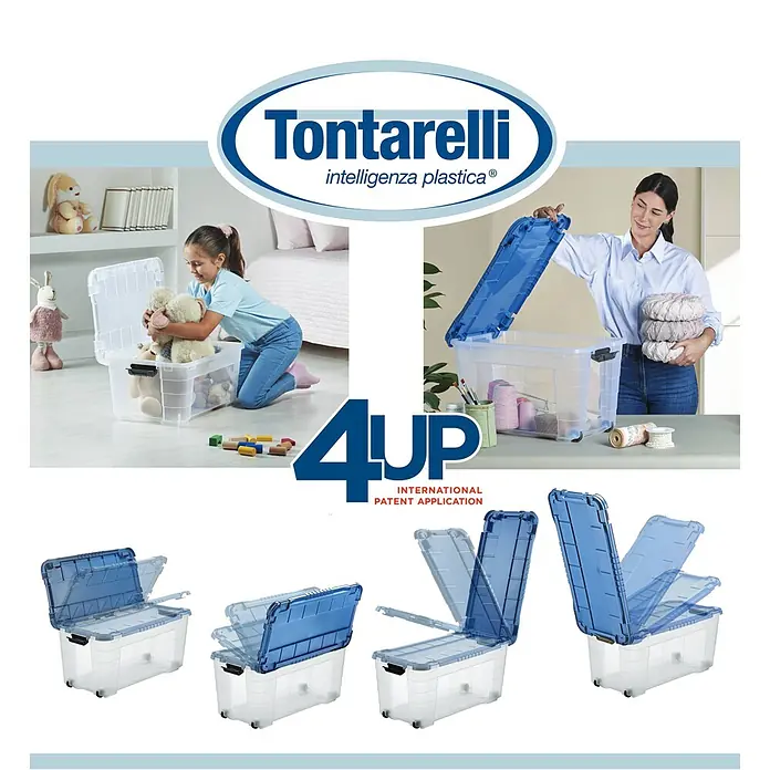 Aufbewahrungsbox 4UP - L x B x H: 59 x 39 x 36 cm, Transparent, Blau, Kunststoff - Transparente Kunststoff-Aufbewahrungsbox mit blauem Klappdeckel und Rollen, die ihren mehrstufigen Öffnungsmechanismus für vielseitige Nutzung zeigt.