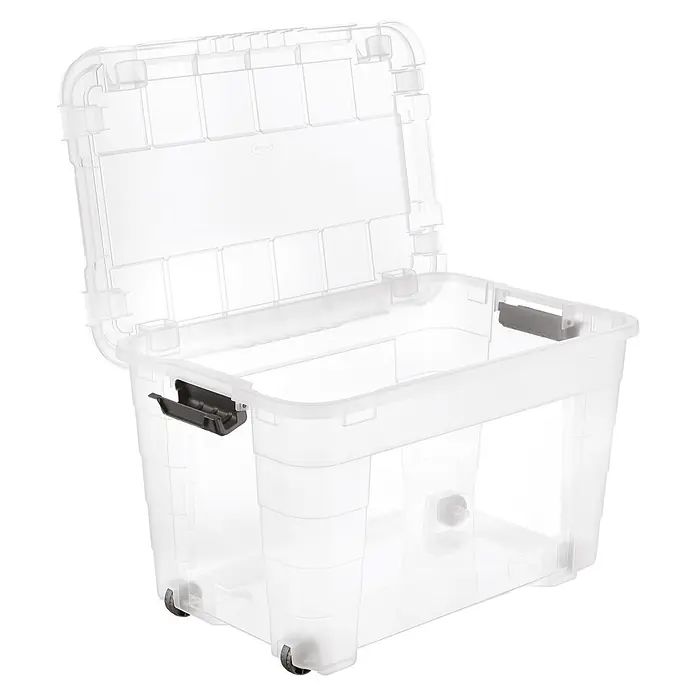 Aufbewahrungsbox 4UP - L x B x H: 59 x 39 x 36 cm, Transparent, Kunststoff - Transparente Kunststoff-Aufbewahrungsbox mit offenem Deckel, dunkelgrauen Verschlüssen und Rollen.