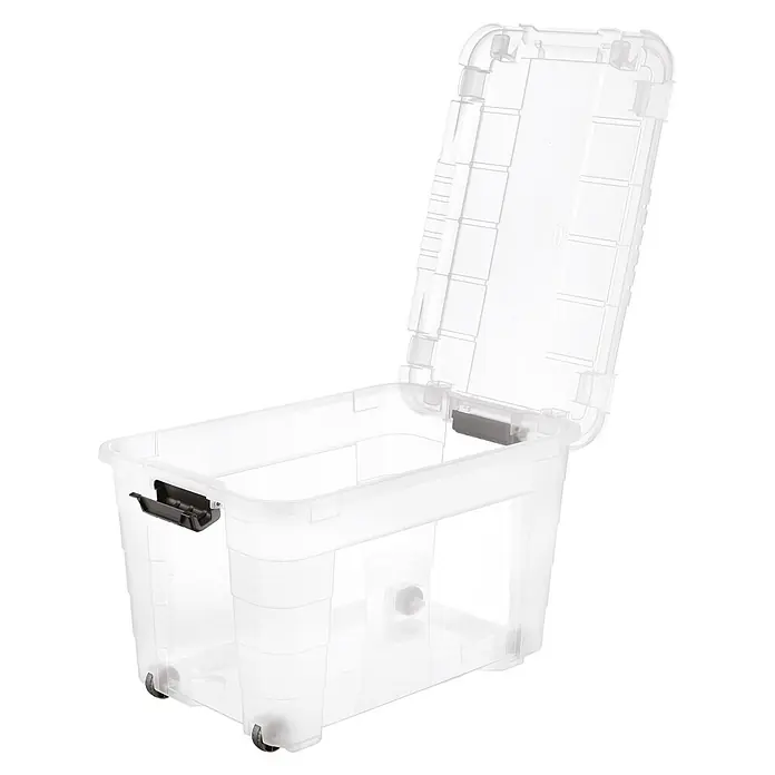 Aufbewahrungsbox 4UP - L x B x H: 59 x 39 x 36 cm, Transparent, Kunststoff - Klare Kunststoff-Aufbewahrungsbox mit Rollen und offenem Deckel, mit schwarzen Verschlüssen.