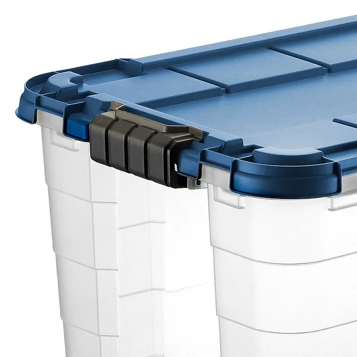 Aufbewahrungsbox 4UP - L x B x H: 59 x 39 x 36 cm, Transparent, Kunststoff - Durchsichtige Kunststoff-Aufbewahrungsbox mit blauem Deckel und schwarzem Verschluss.
