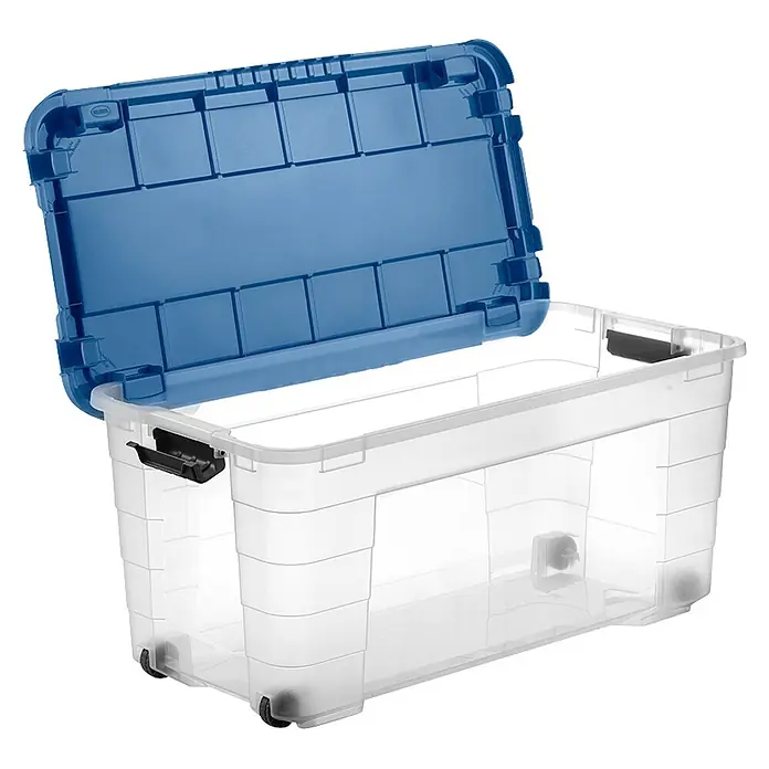 Aufbewahrungsbox 4UP - L x B x H: 79 x 39 x 36 cm, Transparent, Blau, Kunststoff - Transparente Kunststoff-Aufbewahrungsbox mit offenem blauem Deckel, schwarzen Verschlüssen und Rollen.