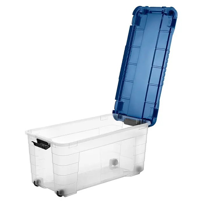 Aufbewahrungsbox 4UP - L x B x H: 79 x 39 x 36 cm, Transparent, Blau, Kunststoff - Transparente Aufbewahrungsbox mit offenem blauem Deckel und Rollen.