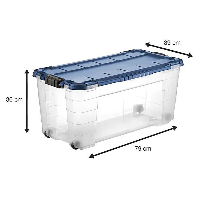 Aufbewahrungsbox 4UP - L x B x H: 79 x 39 x 36 cm, Transparent, Blau, Kunststoff - Transparente Kunststoff-Aufbewahrungsbox mit blauem Deckel, schwarzen Verschlüssen und Rollen. Maße: 79x39x36 cm.