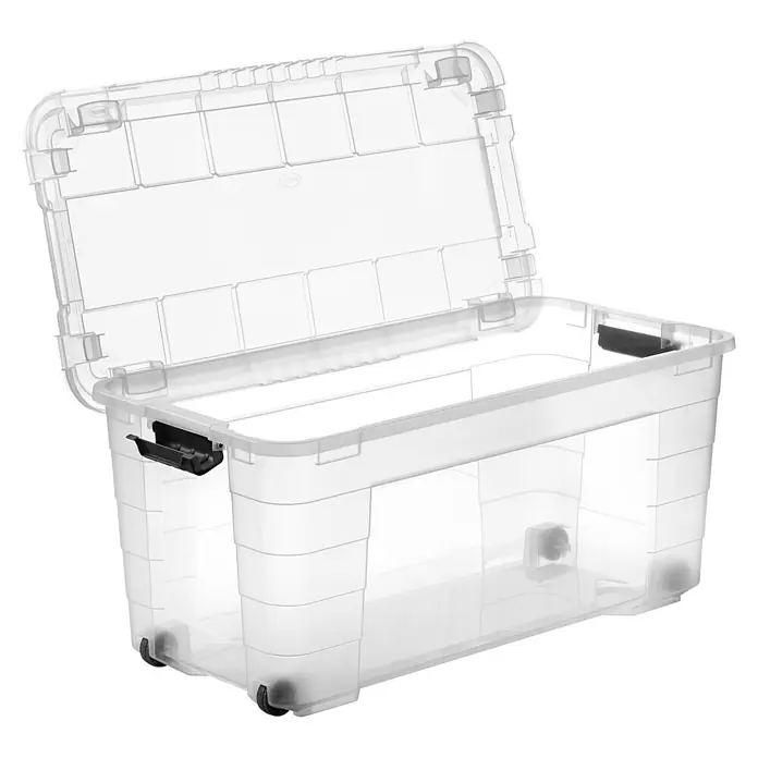 Aufbewahrungsbox 4UP - L x B x H: 79 x 39 x 36 cm, Transparent, Kunststoff - Transparente Kunststoff-Aufbewahrungsbox mit offenem Deckel, schwarzen Verschlüssen und Rollen für einfache Mobilität.