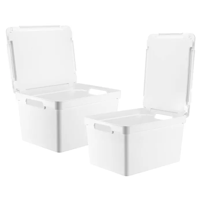 Aufbewahrungsbox Maya - L x B x H: 36,5 x 28,5 x 11,4 cm, Kunststoff, Weiß - Zwei weiße Kunststoff-Aufbewahrungsboxen mit offenen Klappdeckeln und seitlichen Griffen.