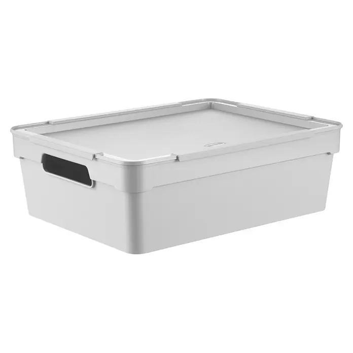 Aufbewahrungsbox Maya - L x B x H: 36,5 x 28,5 x 11,4 cm, Kunststoff, Hellgrau - Weiße Kunststoff-Aufbewahrungsbox mit Deckel und integrierten Seitengriffen zur Organisation.