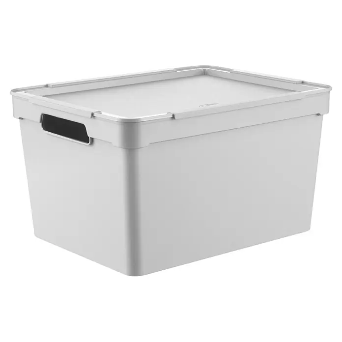 Aufbewahrungsbox Maya - L x B x H: 36,5 x 28,5 x 20,4 cm, Kunststoff, Hellgrau - Weiße Kunststoff-Aufbewahrungsbox mit Deckel und integrierten Griffen.