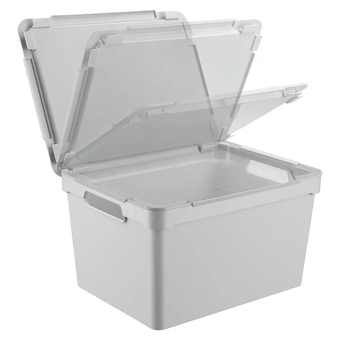 Aufbewahrungsbox Maya - L x B x H: 36,5 x 28,5 x 20,4 cm, Kunststoff, Hellgrau - Weiße Kunststoff-Aufbewahrungsbox mit teilweise geöffnetem, transparentem Deckel, der das leere Innere zeigt.