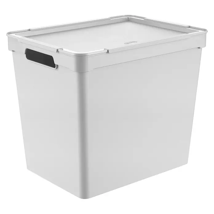 Aufbewahrungsbox Maya - L x B x H: 36,5 x 28,5 x 31,4 cm, Kunststoff, Hellgrau - Weiße Kunststoff-Aufbewahrungsbox mit Deckel und Griffaussparungen.