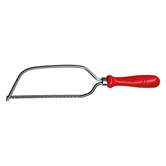 Wisent Sierra para metal Mini - Largo: 150 mm, Acero, Mango de madera - Imagen de una sierra de marquetería con mango de madera roja, utilizada para cortar diversos materiales con precisión.