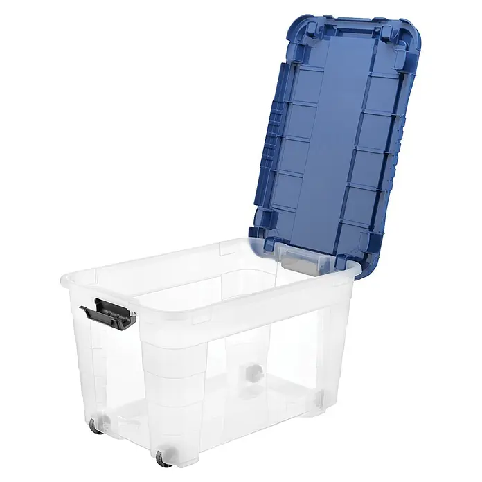 Aufbewahrungsbox 4UP - L x B x H: 59 x 39 x 36 cm, Transparent, Blau, Kunststoff - Klare Plastik-Aufbewahrungsbox mit offenem blauem Deckel, schwarzen Verschlüssen und Rollen.