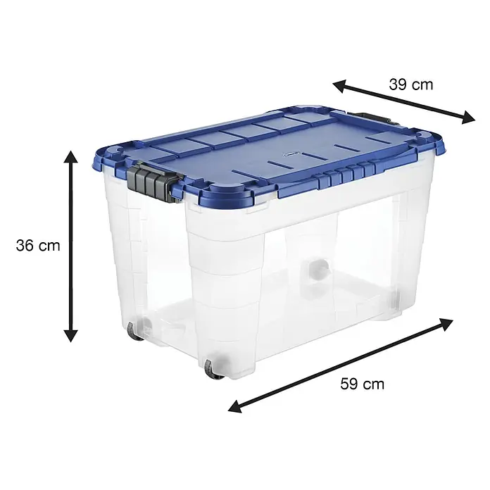 Aufbewahrungsbox 4UP - L x B x H: 59 x 39 x 36 cm, Transparent, Blau, Kunststoff - Transparente Kunststoff-Aufbewahrungsbox mit blauem Deckel, Verschlüssen und Rollen. Maße 59 L x 39 B x 36 H cm.
