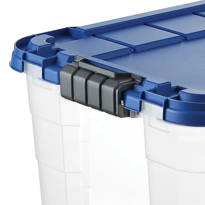 Aufbewahrungsbox 4UP - L x B x H: 59 x 39 x 36 cm, Transparent, Blau, Kunststoff - Transparenter Kunststoff-Aufbewahrungsbehälter mit blauem Deckel und dunkelgrauem Verschluss.