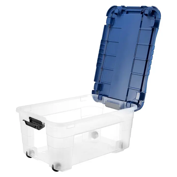 Aufbewahrungsbox 4UP - L x B x H: 59 x 39 x 27,4 cm, Transparent, Blau, Kunststoff - Transparente Kunststoff-Aufbewahrungsbox mit offenem blauem Deckel, schwarzen Verschlüssen und Rollen zur einfachen Mobilität.