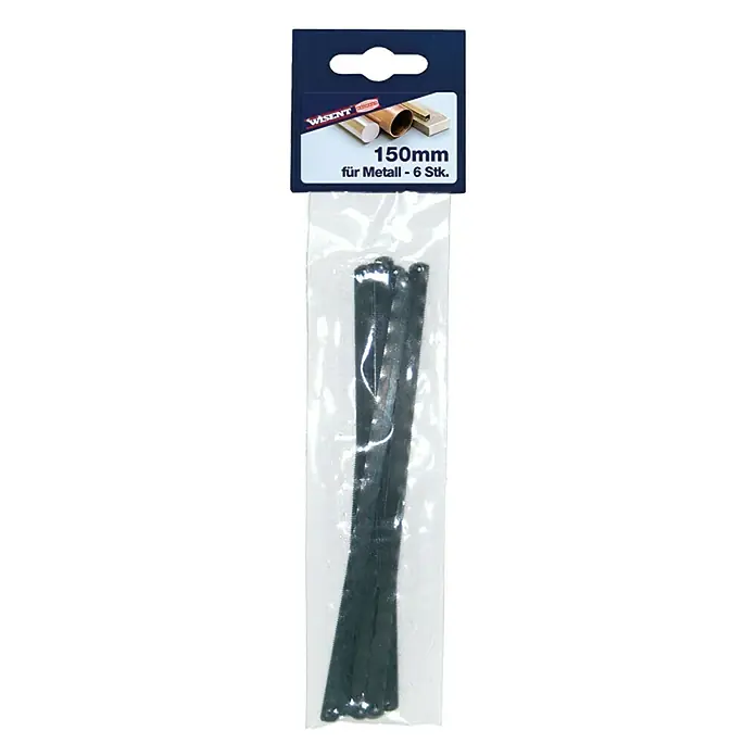 Wisent Hoja de sierra de repuesto - Acero HS, Ámbito de uso: Metal, Longitud de hoja: 150 mm, 6 ud. - Imagen de un paquete de 6 hojas de sierra para metales Wisent, de 150 mm de longitud, empaquetadas en una funda de plástico transparente con colgador de cartón azul.