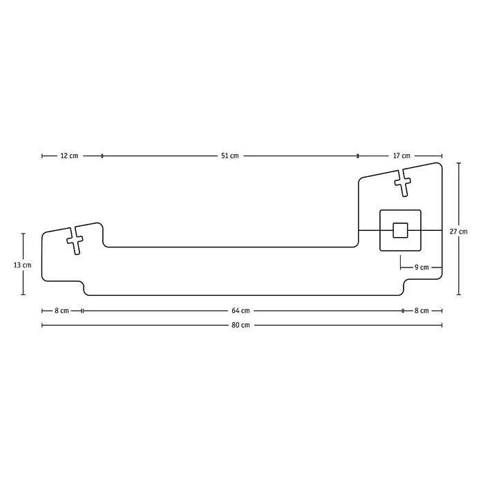 Diephaus Halterung für Solarmodul - L x B x H: 12 x 80 x 27 cm, Beton - Strichzeichnung eines unregelmäßig geformten Bauteils mit Maßen in Zentimetern für die Fertigung.