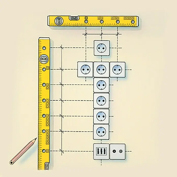 Stabila Wasserwaage Typ 70 electric - Länge: 43 cm, Anzahl Libellen: 2 Stk. - Illustration von gelben Wasserwaagen, einer Steckdosenreihe und einem Stift auf beigem Hintergrund.