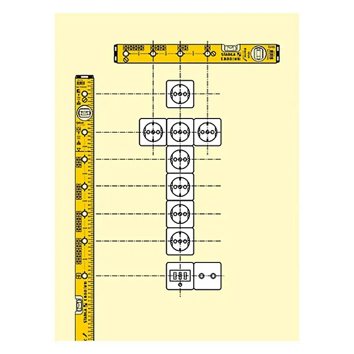 Stabila Wasserwaage Typ 70 electric - Länge: 120 cm, Anzahl Libellen: 2 Stk. - Gelbe Illustration mit Wasserwaagen und Steckdosen, die ein 'T' bilden, auf beigem Hintergrund.