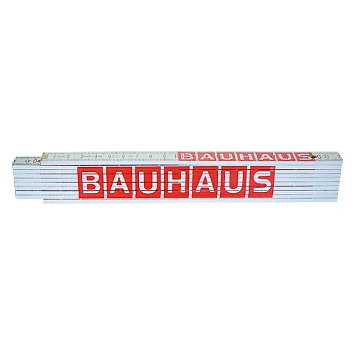 BAUHAUS Zollstock2 m - Ein Zollstock mit dem Bauhaus-Logo in roter Schrift auf weißem Grund, ideal für präzise Messungen und ein Muss für Designliebhaber.