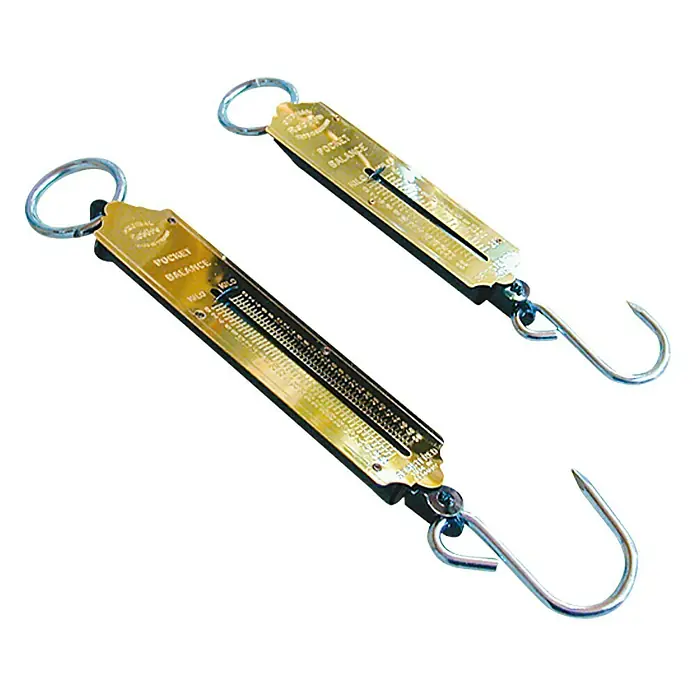 Pariere Taschen-Federwaage - 25 kg - Zwei goldfarbene Hänge-Balkenwaagen mit Haken zum Wiegen von Gegenständen.