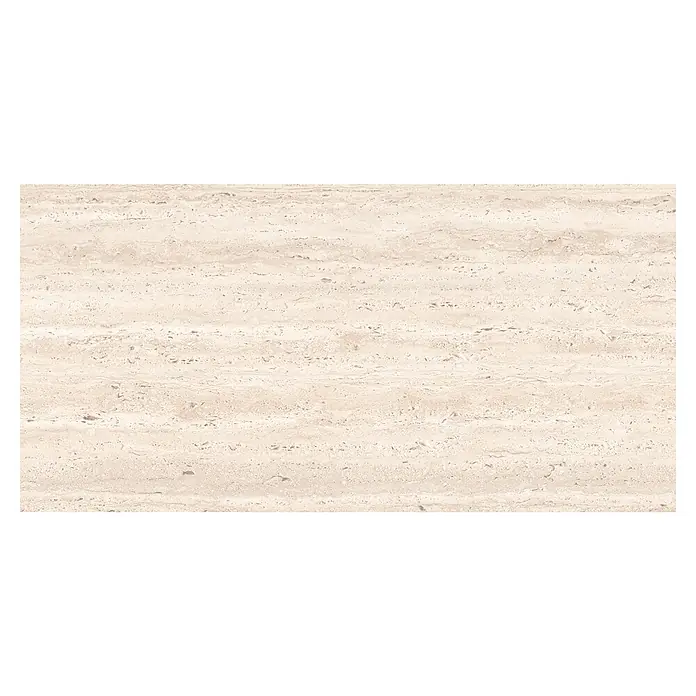 Palazzo Feinsteinzeugfliese Travento - 60 x 120 cm, Craved, Matt - Helle beigefarbene Fliese in Travertin-Optik mit feiner horizontaler Maserung.