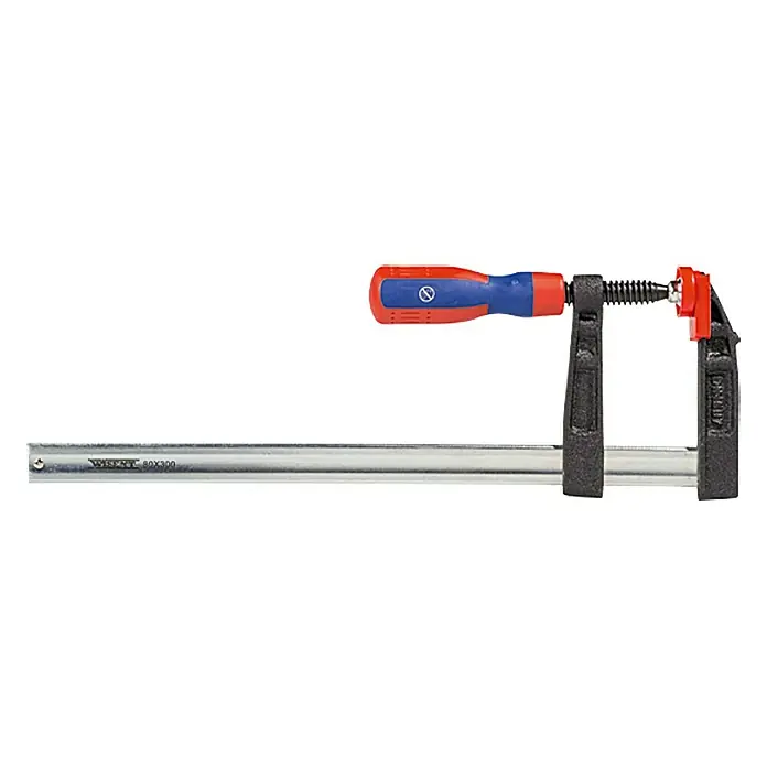 Wisent Schraubzwinge - Spannweite: 300 mm, Ausladung: 80 mm - Schraubzwinge mit blau-rotem Griff und silberner Schiene zur sicheren Befestigung von Werkstücken bei diversen Arbeiten.