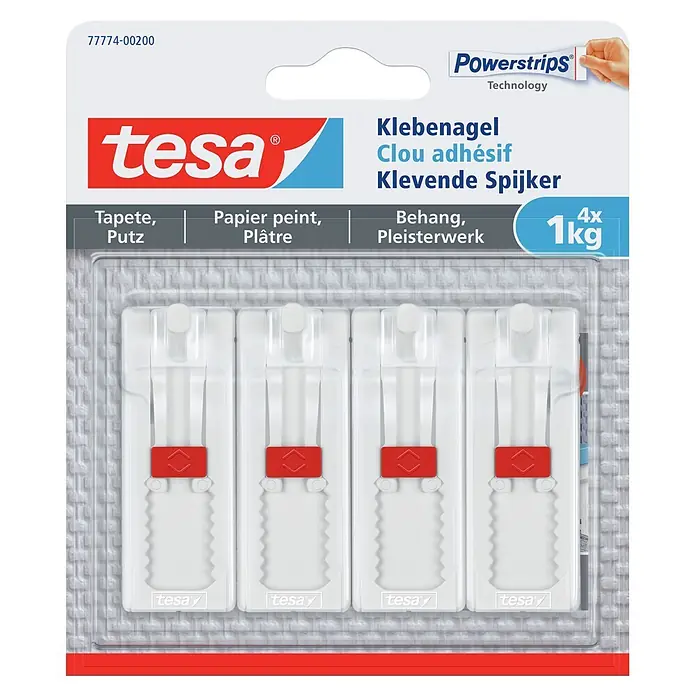 Tesa Klebenagel - Weiß, Belastbarkeit: 1 kg, 4 Stk. - Vier tesa Powerstrips Klebenägel aus weißem Kunststoff mit roten Schiebern, für Tapete & Putz, je 1kg Tragkraft.