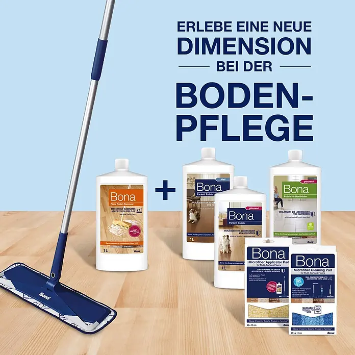 Bona Polish-Entferner Floor Polish Remover - 1 l, Flasche - Ein blauer Bona-Mopp und eine Auswahl an Bona Bodenpflegeprodukten, darunter Polituren, Entferner und Mikrofasertücher.