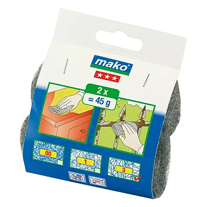 Mako Schleif- & Polierkissen - Grob, 2 Stk. - Eine Packung Mako Stahlwolle mit verschiedenen Feinheitsgraden zum Reinigen und Polieren von Oberflächen. Die Packung enthält zwei Stahlwollknäuel.