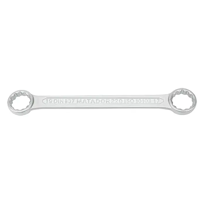 Matador Llave de anillo doble - 8 mm - 9 mm, DIN 837 - Una llave de doble boca plateada con las inscripciones "19 DIN 837 MATADOR 220 ISO 10103 17".