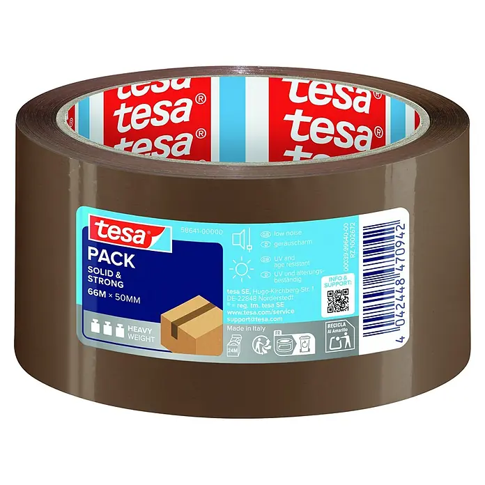 Tesa Pack Paketklebeband Solid & Strong - Braun, 66 m x 50 mm - Braune tesa Paketbandrolle. Robust, geräuscharm, UV- und alterungsbeständig, 66m x 50mm.