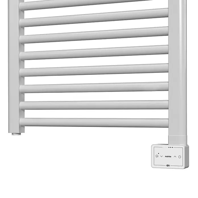 Rointe Radiador toallero Sintra - An x Al: 50 x 112 cm, Blanco - Radiador toallero eléctrico blanco con barras horizontales y un controlador digital Wi-Fi abajo a la derecha.