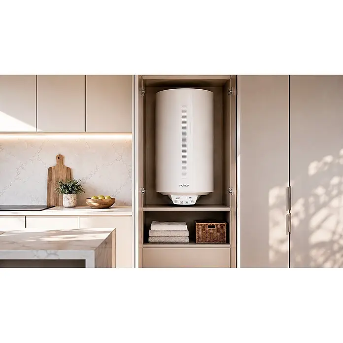Rointe Termo eléctrico Evia - 100 l, 1.500 W - Calentador de agua cilíndrico blanco Rointe integrado en un mueble de cocina claro, con pantalla digital.