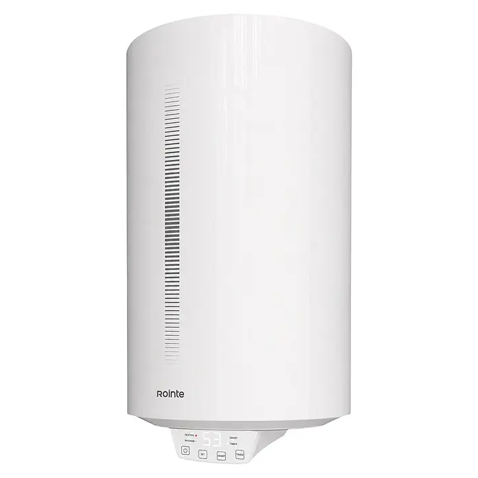 Rointe Termo eléctrico Evia - 50 l, 1.500 W - Calentador de agua eléctrico blanco cilíndrico con pantalla digital "53" y botones de control abajo.