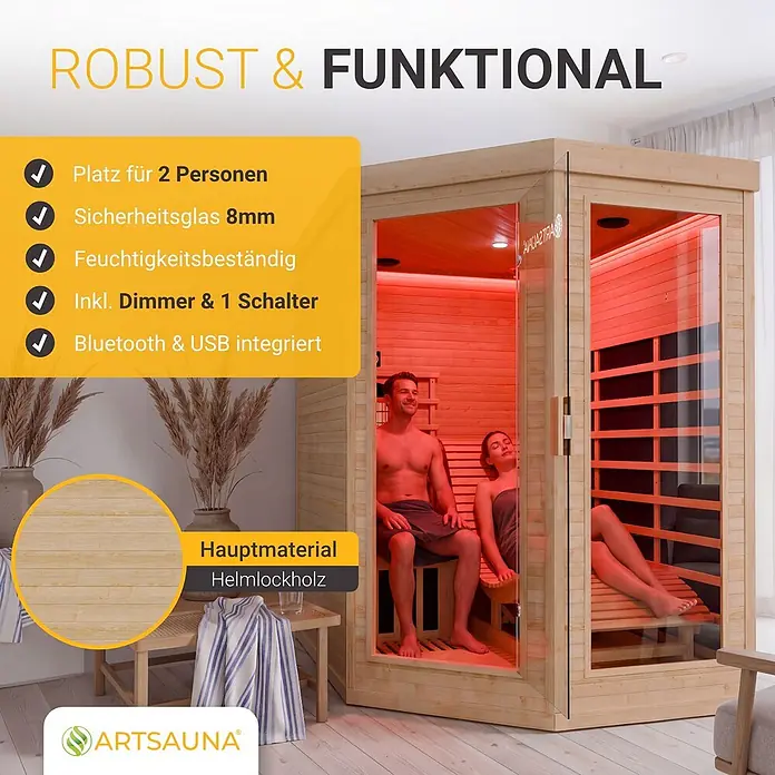 Infrarotkabine / Wärmekabine Esbjerg mit Dual-Heizsystem & Hemlockholz -  - Eine helle Holz-Infrarotsauna für zwei Personen mit roter Innenbeleuchtung und Glastür, in der sich ein Paar entspannt.