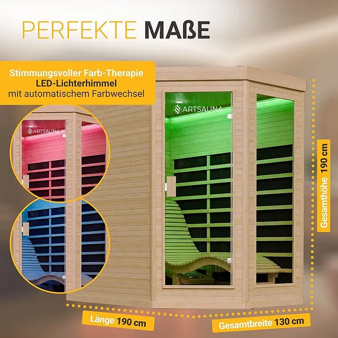 Infrarotkabine / Wärmekabine Esbjerg mit Dual-Heizsystem & Hemlockholz -  - Infrarot-Saunakabine aus hellem Holz mit Glasfronten und farbwechselnder LED-Lichttherapie. Maße: 190x130x190 cm.