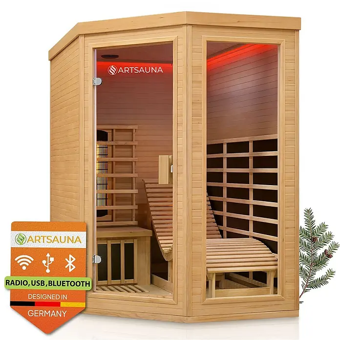 Infrarotkabine / Wärmekabine Esbjerg mit Dual-Heizsystem & Hemlockholz -  - Helle Holz-Infrarotsauna mit Glastür und roter Innenbeleuchtung, ausgestattet mit Medienoptionen.