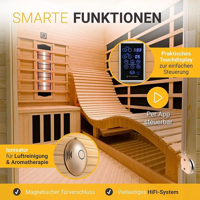 Infrarotkabine / Wärmekabine Esbjerg mit Dual-Heizsystem & Hemlockholz -  - Infrarotsauna-Innenraum aus hellem Holz mit ergonomischen Bänken, Touchdisplay, Ionisator und integrierten Smart-Funktionen wie App-Steuerung.